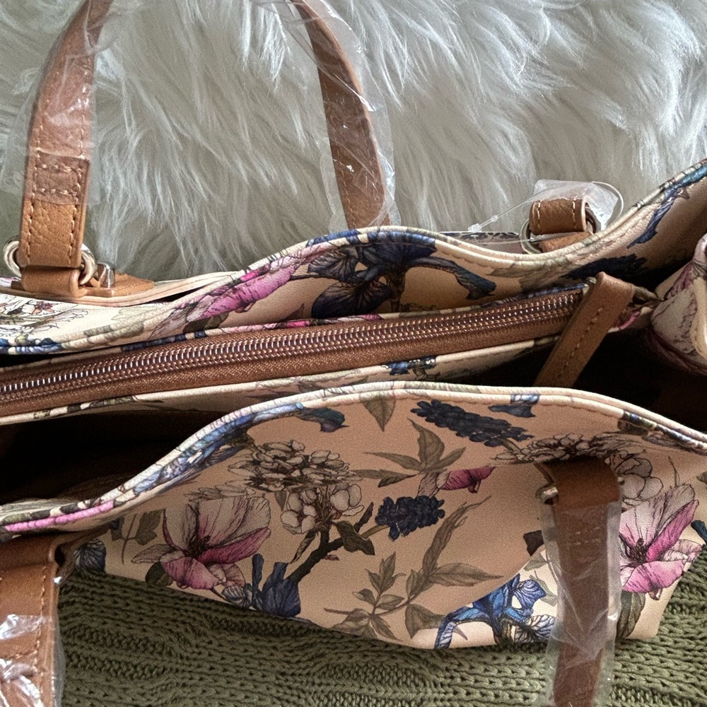 NWT MultiSac Pastel Medium Floral Cream Tote Bag with Tan Straps - Picture 6 of 12